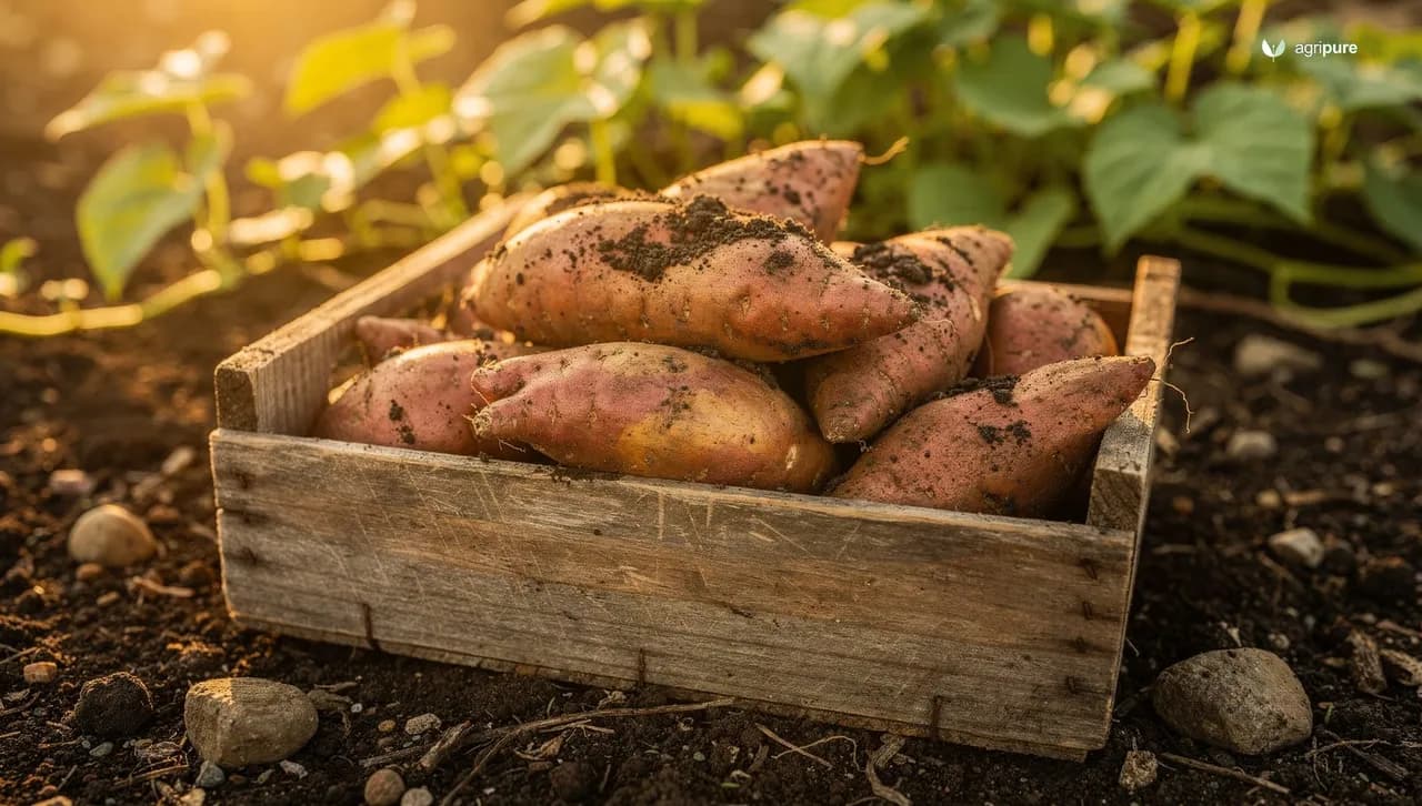 Freshly harvested sweet potatoes with copper-rose skin resting in a wooden crate on a garden bed with vines in the background
