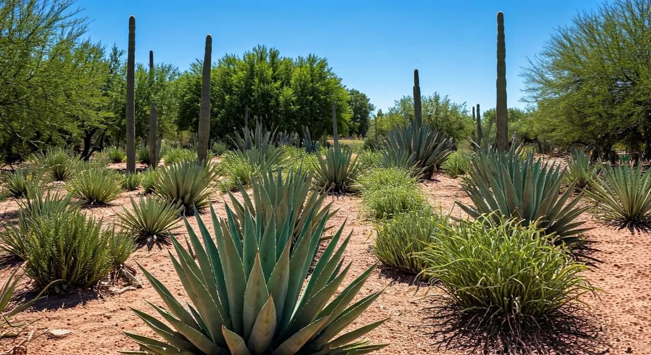 An established food forest in the arid Southwest, showing mature honey mesquite trees, low-water shrubs, and visible swale contours for water retention.