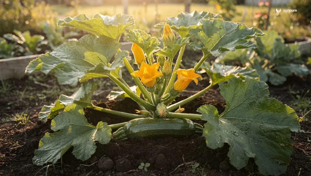 A backyard vegetable garden in early summer with broad zucchini leaves spreading from a low soil hill and a glossy dark-green fruit forming among yellow blossoms.