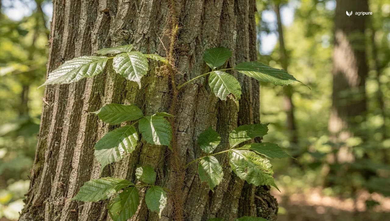 A close view of a poison ivy plant climbing a tree trunk in summer, showing clusters of glossy green leaves each made of three pointed leaflets.