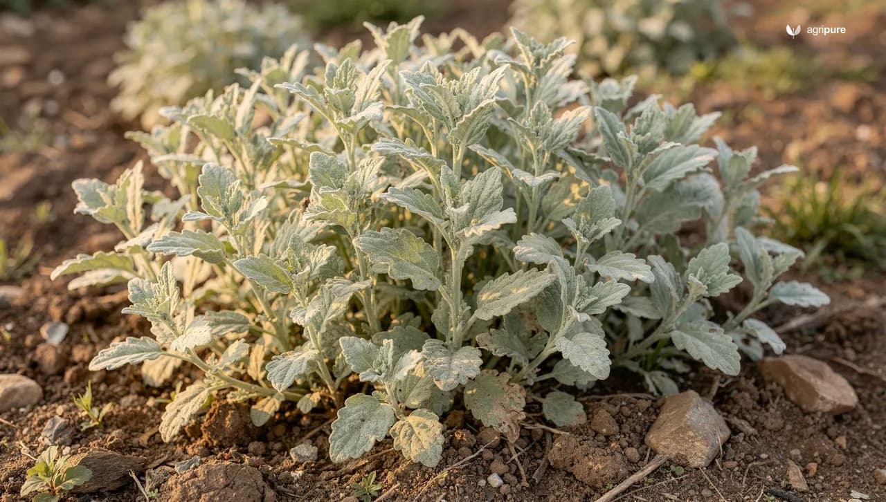 A dense patch of young lamb's quarters plants with pale grey-green goosefoot-shaped leaves catching morning light at the edge of a disturbed garden bed.