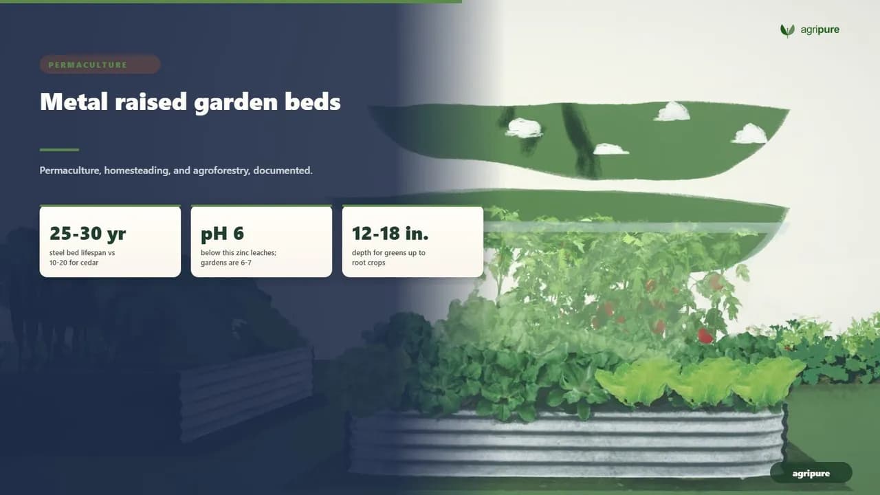 A corrugated galvanized metal raised garden bed planted with leafy vegetables and tomatoes in a tidy backyard homestead garden, morning light