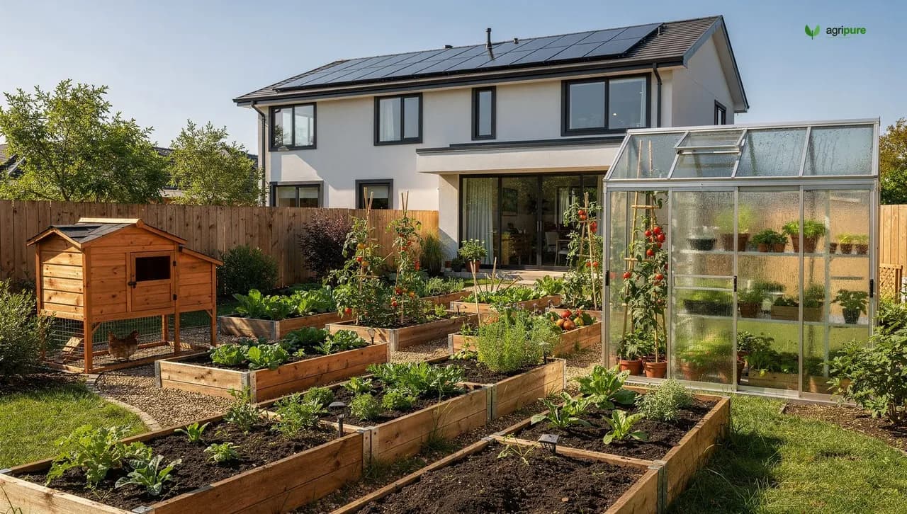 A suburban backyard homestead with raised beds, a small greenhouse, solar panels, and a chicken coop behind a modern house