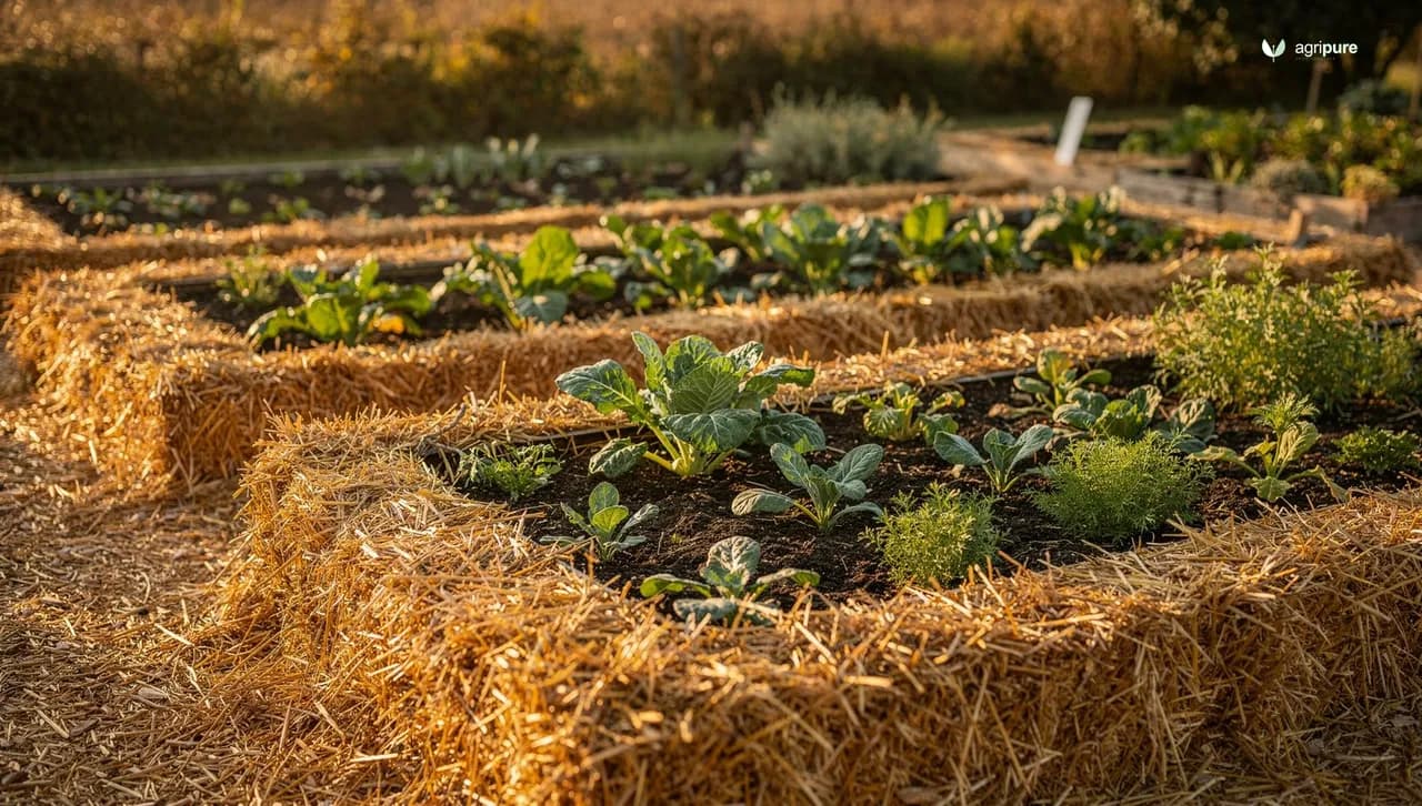 A vegetable garden with beds heavily mulched in straw and wood chips, green plants emerging through the cover