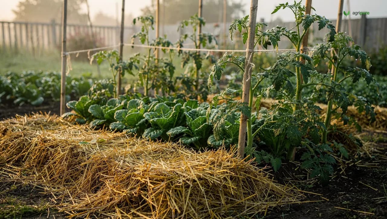 A home vegetable garden at dawn with thick straw mulch piled between rows of leafy greens and staked tomatoes.
