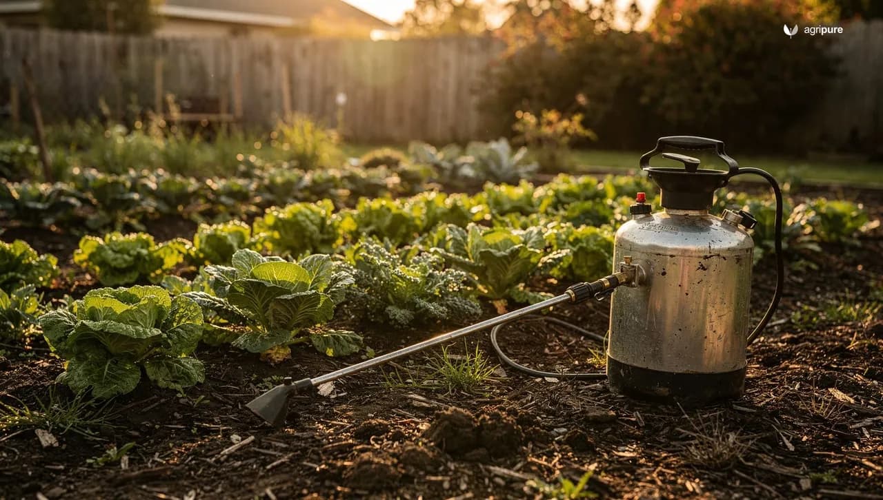 A backyard vegetable garden at dusk with a pump sprayer resting beside leafy plants, soft golden light falling across the rows.