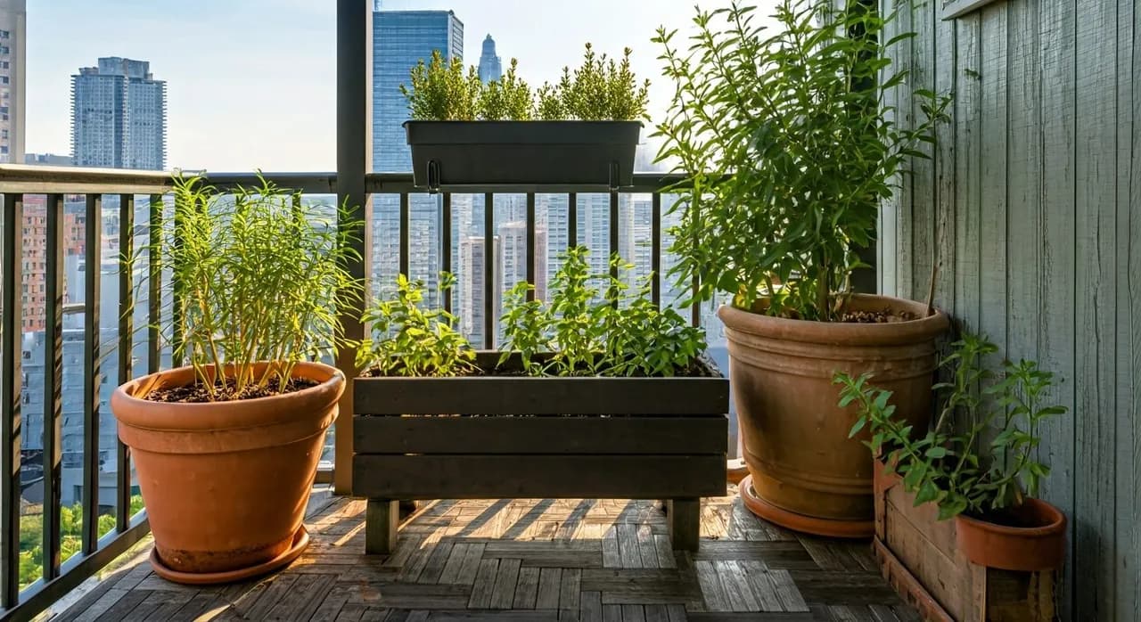 A small urban balcony garden with containers receiving varied morning sunlight, surrounded by city buildings.