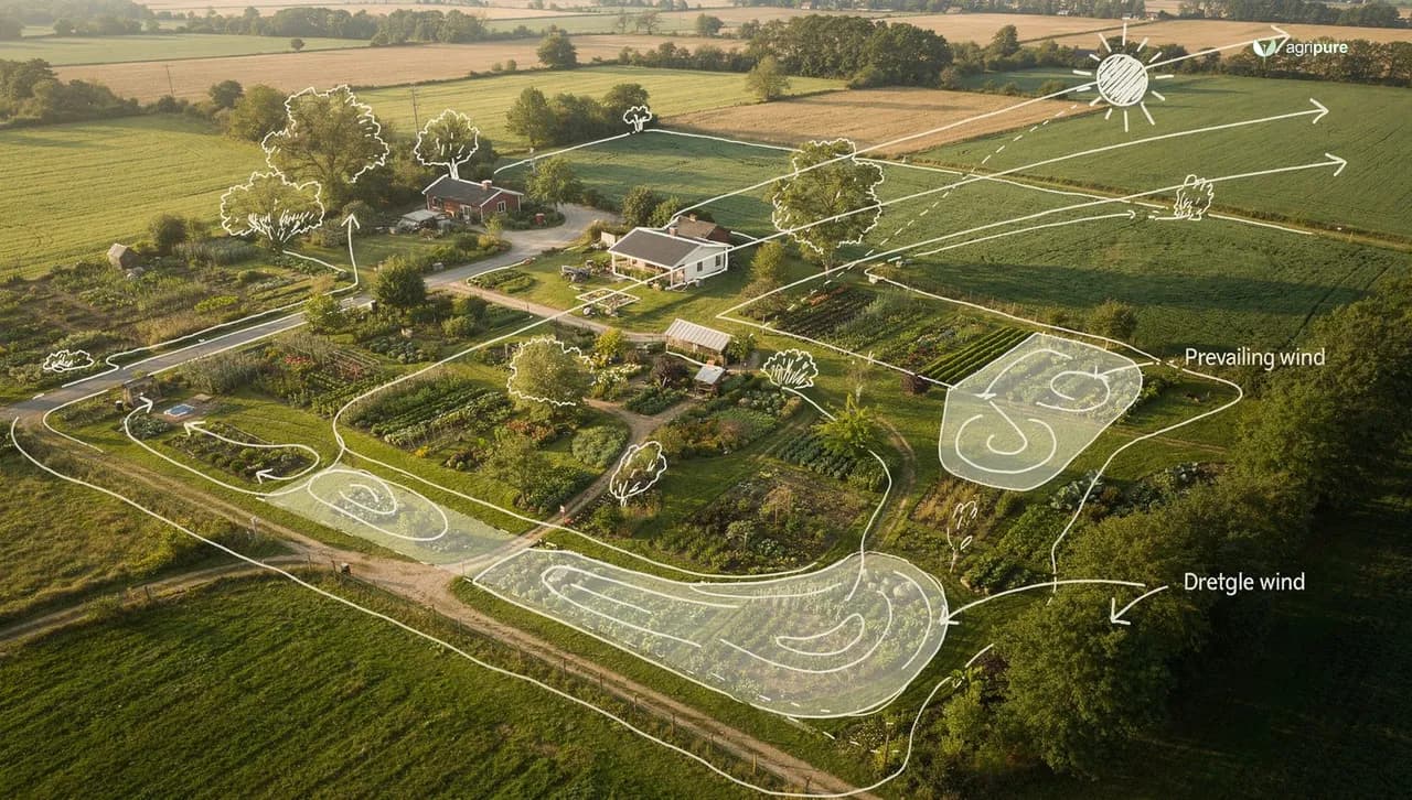 A hand-drawn permaculture site map over an aerial photo of a property, with arrows for sun, wind, and water flow
