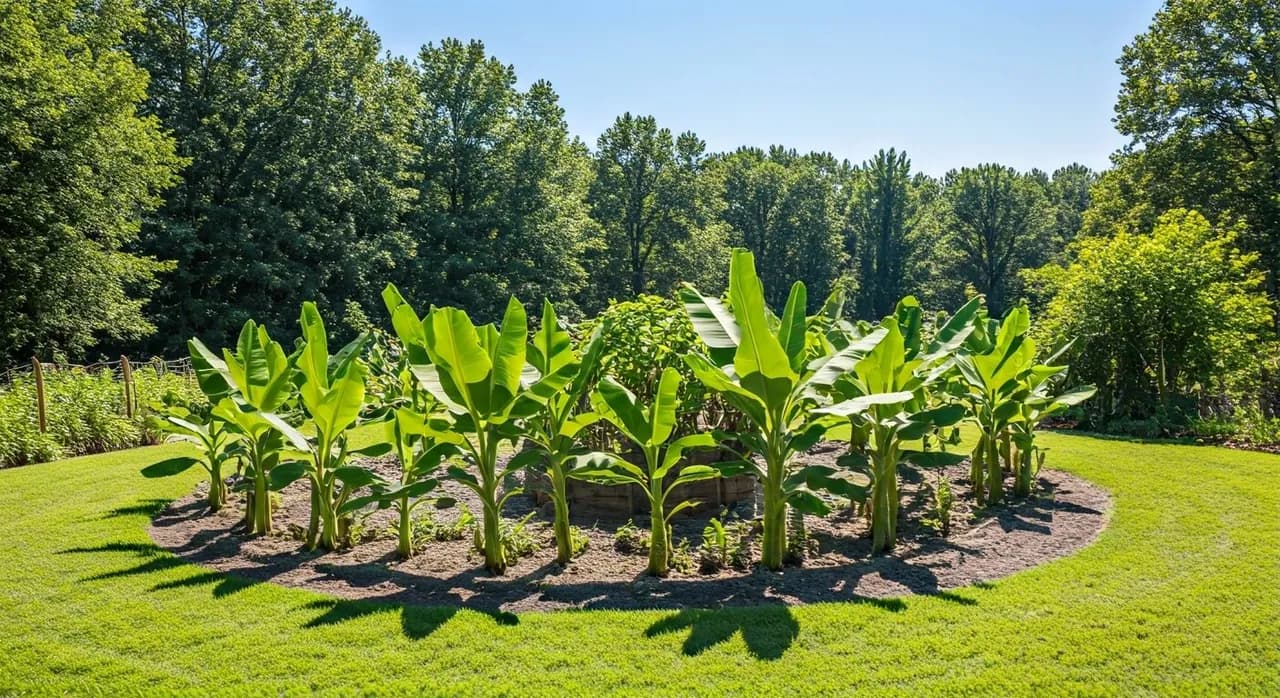 A vibrant banana circle in a sunny US garden, featuring tall banana plants surrounded by diverse understory plants and a visible central compost pit.