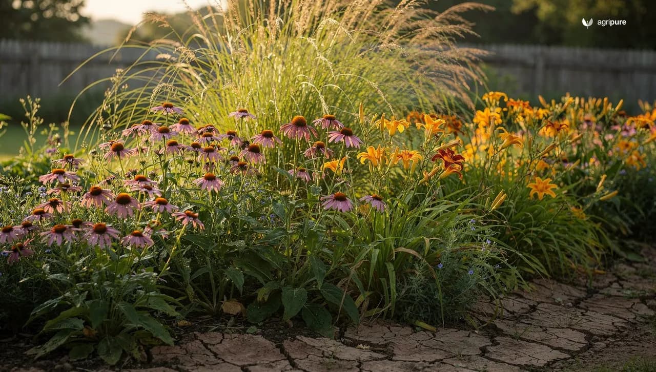 A backyard border garden growing in heavy clay soil with coneflowers, daylilies, and an ornamental grass under soft morning light.