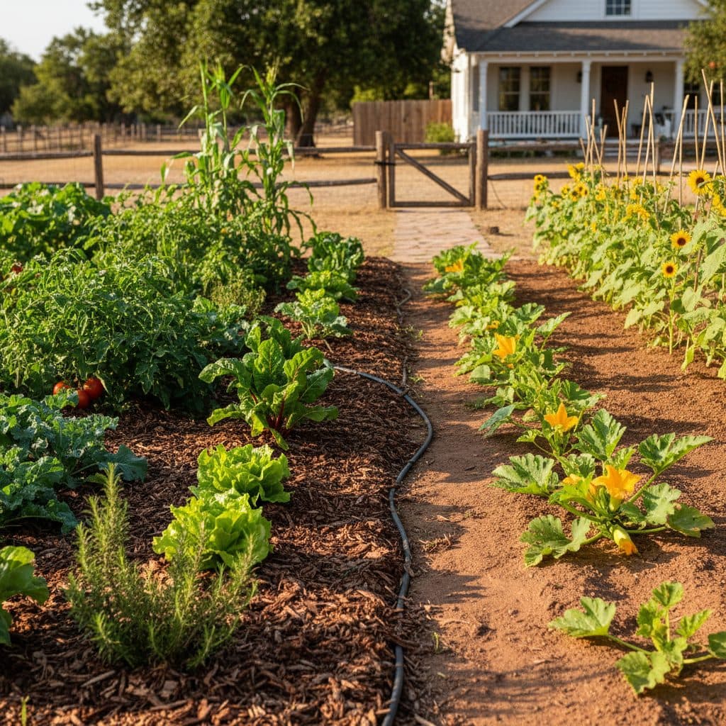 A garden divided into two sections: one with lush, mulched soil and thriving plants, the other with dry, cracked bare soil and sparse, struggling plants, under a bright sun.
