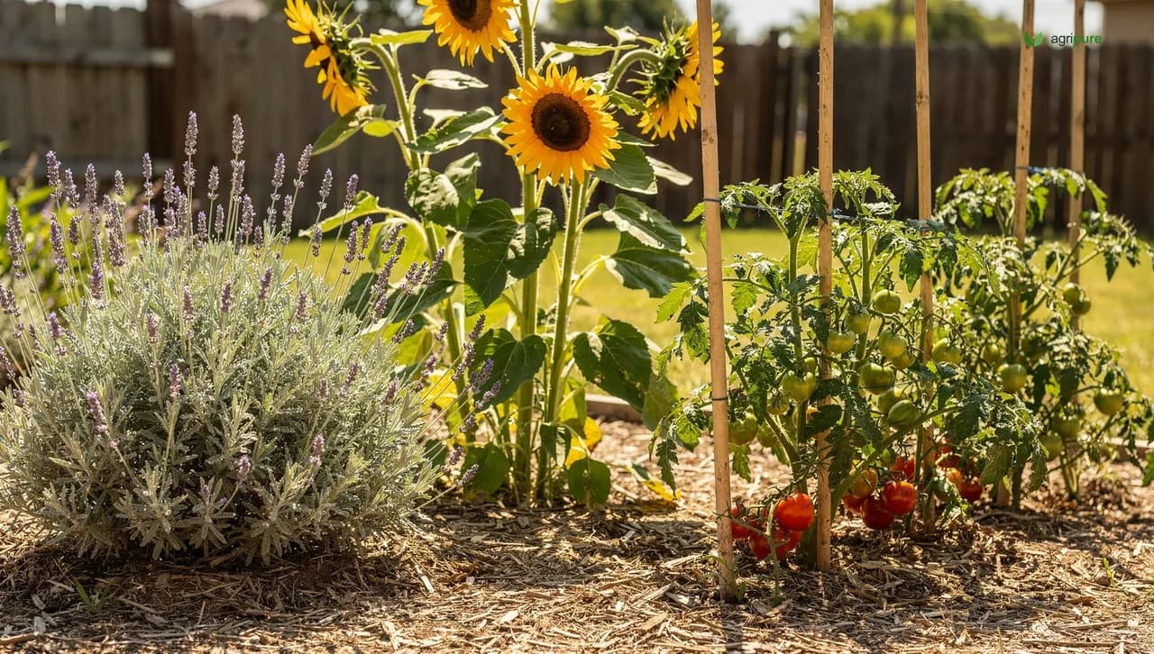 A sunny backyard border bed in full afternoon light packed with silver-leaved lavender, tall yellow sunflowers, and staked tomatoes against dry mulched soil.