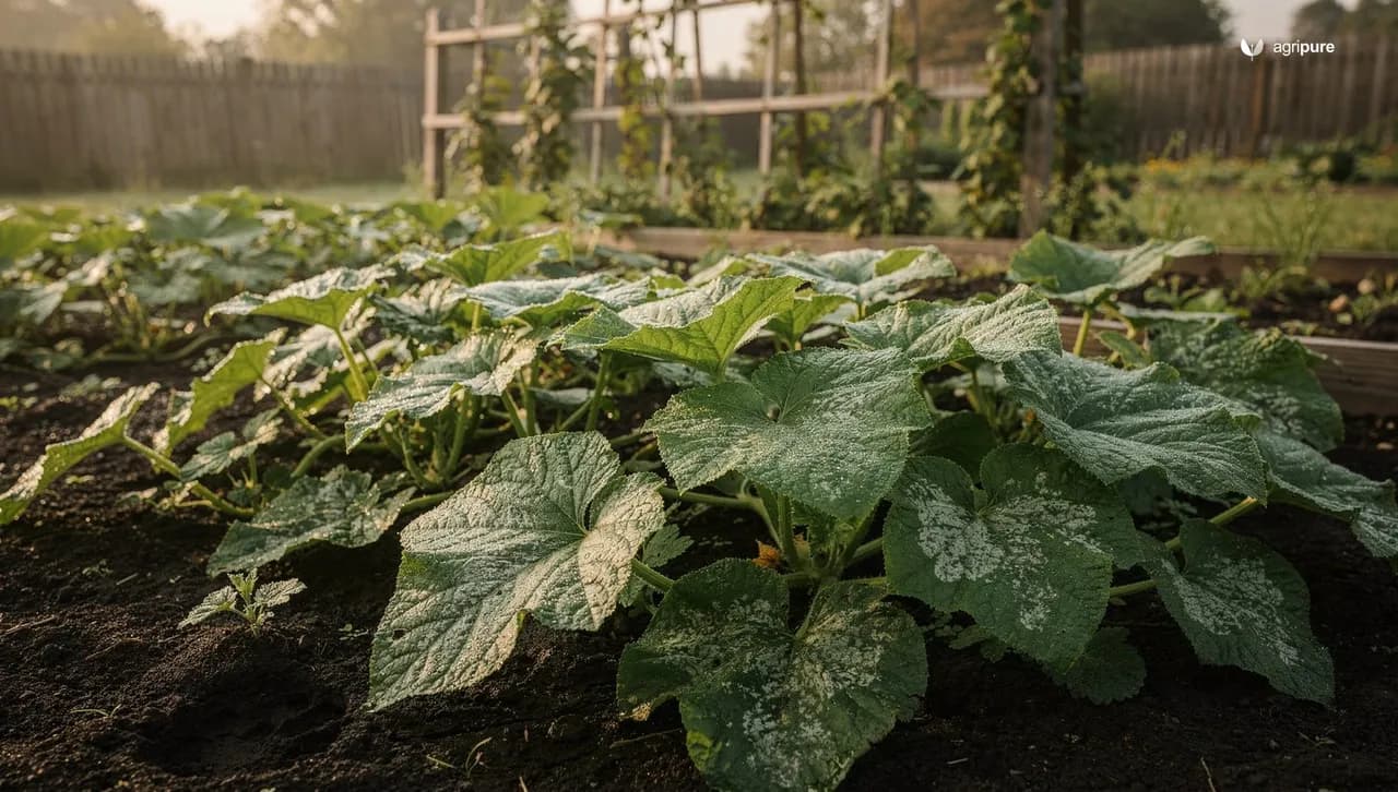 A backyard vegetable garden in morning light with squash and cucumber leaves dusted with white powdery mildew along a row, dark soil and a trellis behind.
