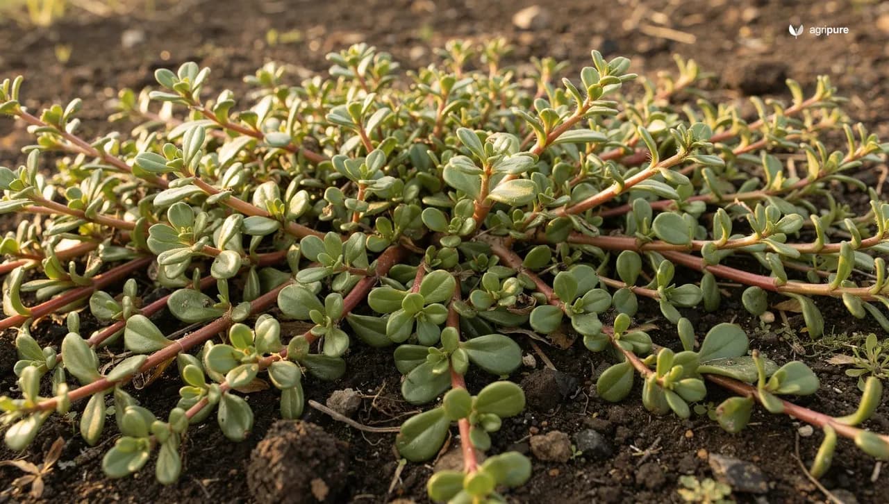 A thick mat of common purslane with fat reddish stems and glossy paddle-shaped green leaves spreading across dark garden soil in morning light.