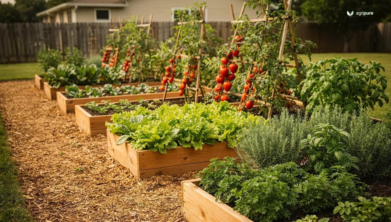 A backyard garden of timber raised beds full of vegetables, with mulched paths between them in summer