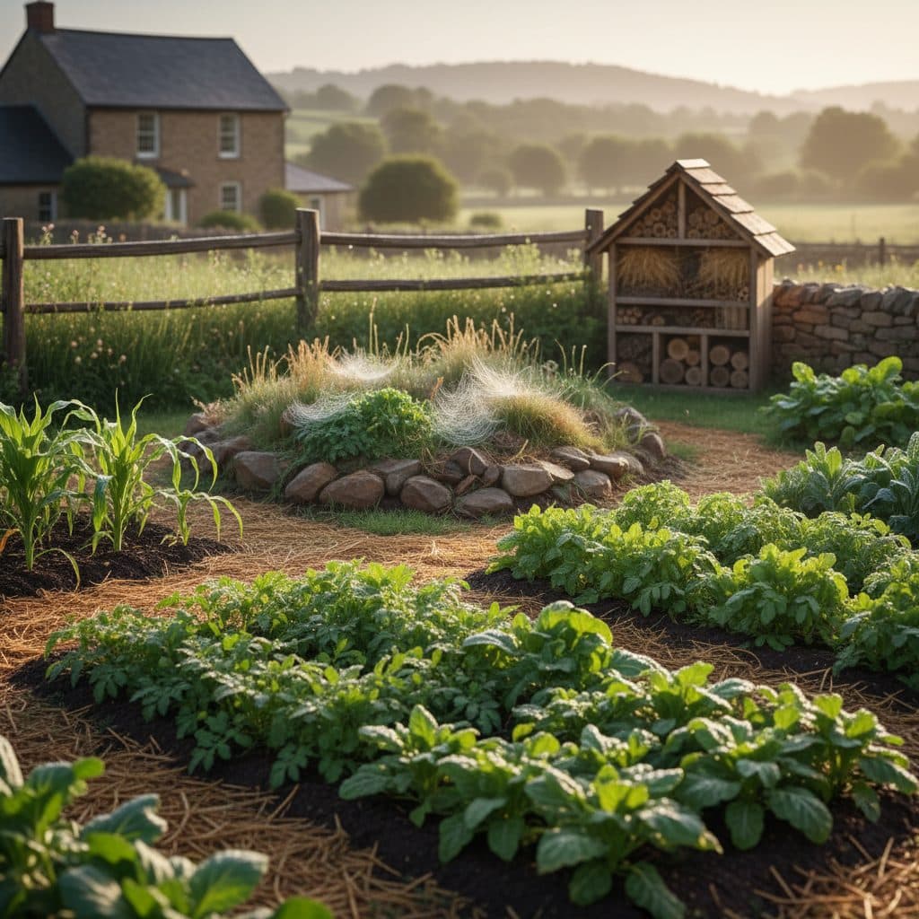 A homestead garden featuring a low, grassy beetle bank and a small, rustic bug hotel, designed to attract beneficial insects.