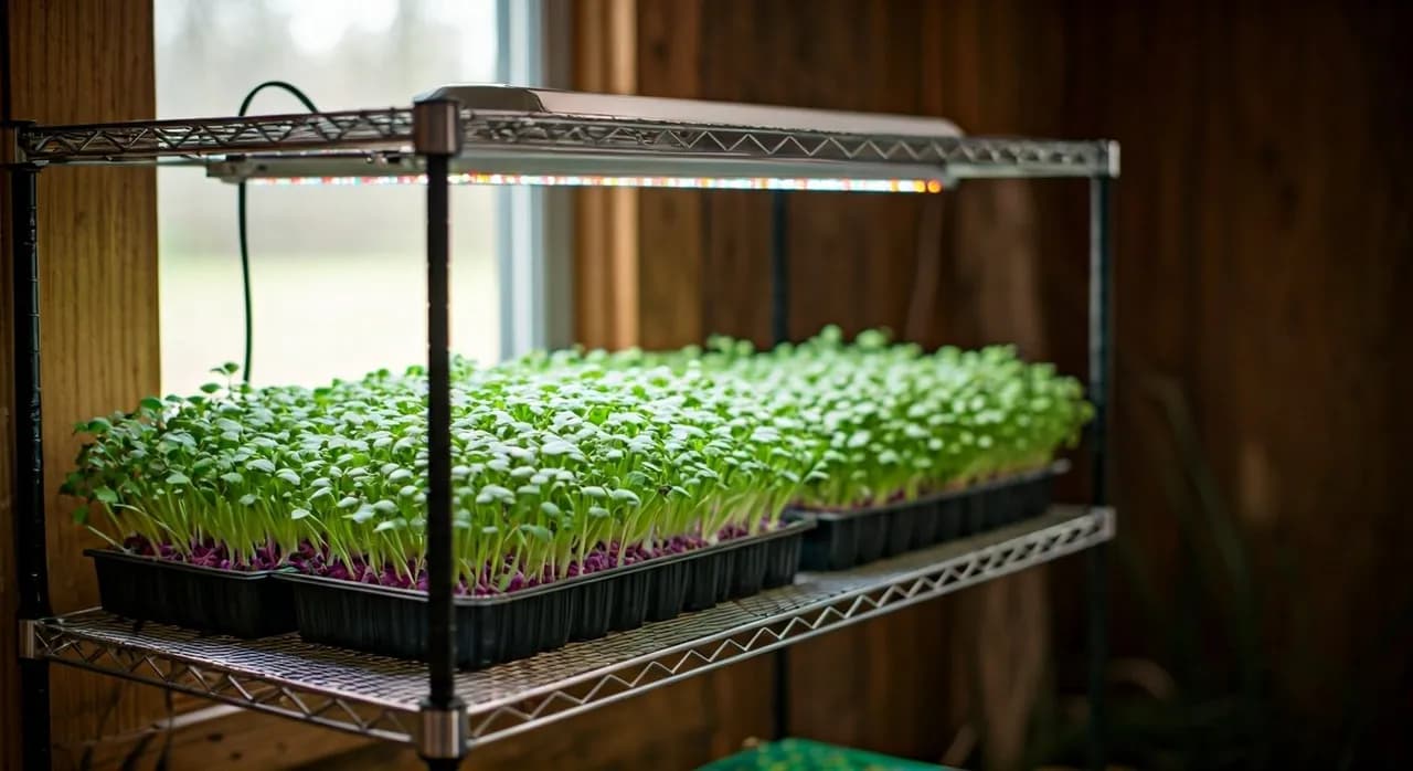 An indoor microgreen setup on a metal shelf with LED grow lights illuminating trays of vibrant green microgreens, set against a rustic wooden wall with soft natural light filtering in from a nearby wi