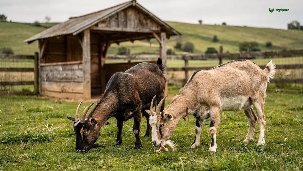 Two dairy goats on green pasture beside a small wooden shelter and a sturdy fence on a homestead