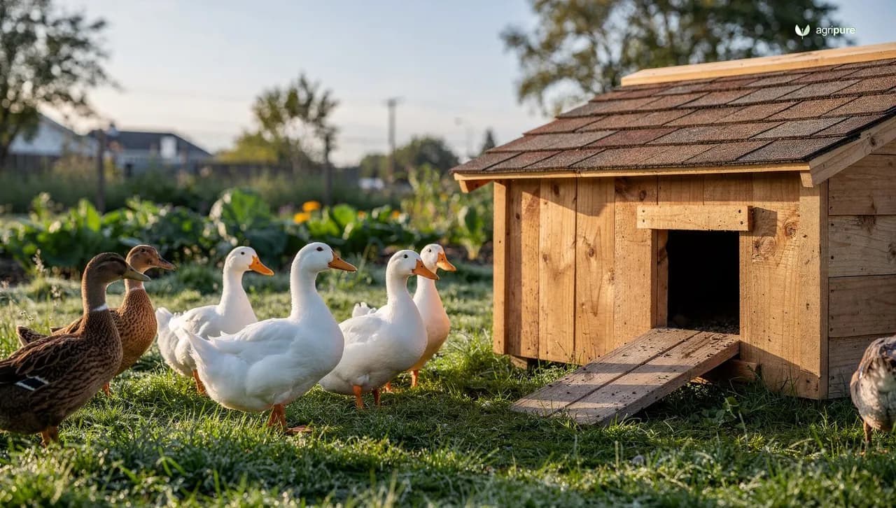 A small backyard flock of Khaki Campbell and Pekin ducks on green pasture beside a low wooden duck house