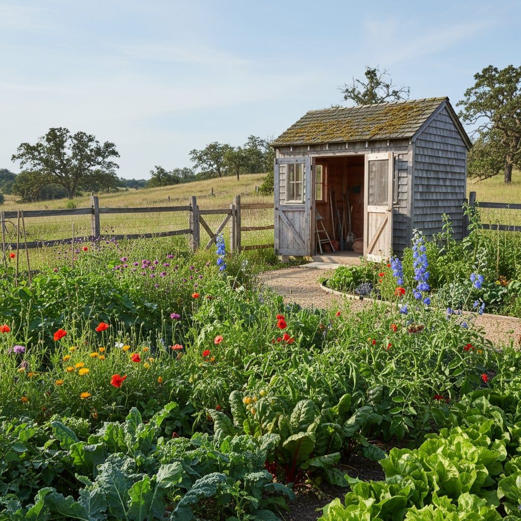 A vibrant homestead garden with a variety of flowering plants and vegetables, under bright sunlight.