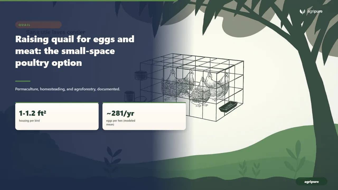 A compact backyard quail setup: a clean wire-floored cage of Coturnix quail with a low ceiling, a feeder trough and a nipple waterer, in dappled light, no people