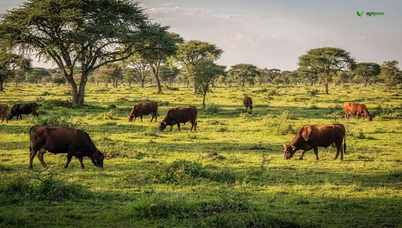 Cattle grazing on green forage beneath widely spaced shade trees in a silvopasture, like an open savannah