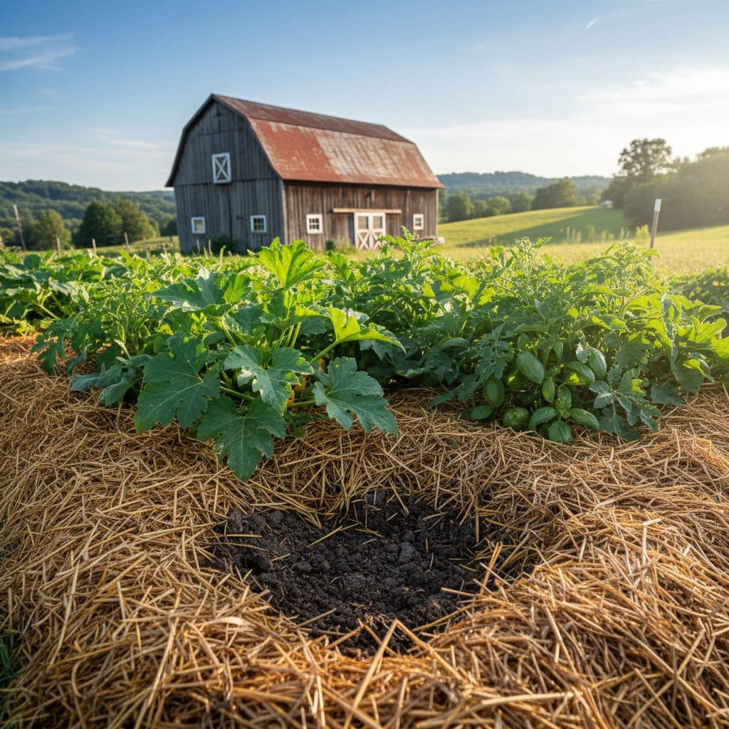 A thriving vegetable garden with a thick layer of straw mulch, demonstrating excellent moisture retention in a sunny US homestead.