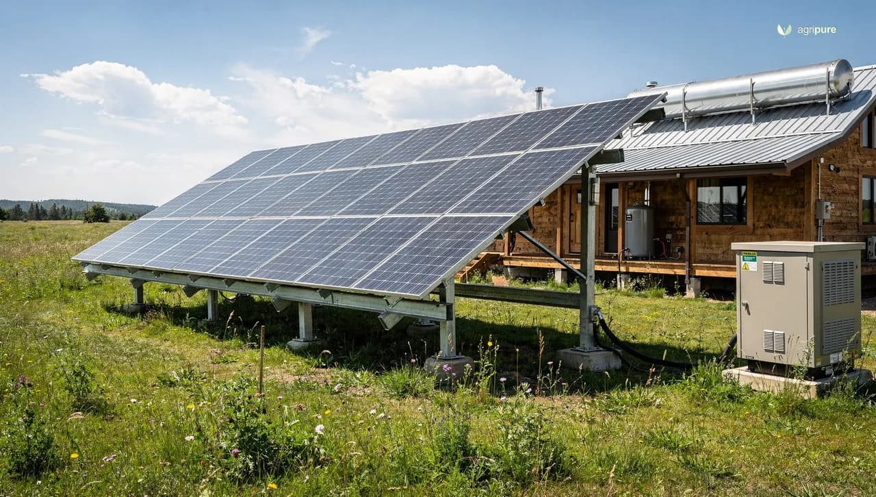 A ground-mounted solar array beside an off-grid home with a battery and inverter shed, bright clear sky