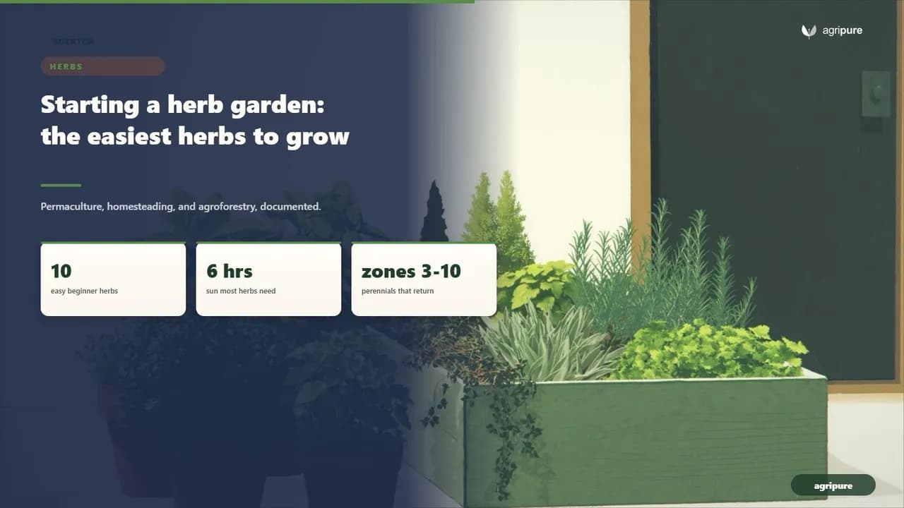 A sunny raised-bed and container culinary herb garden by a kitchen door, with basil, parsley, thyme, sage, rosemary, and chives in terracotta pots and a cedar bed