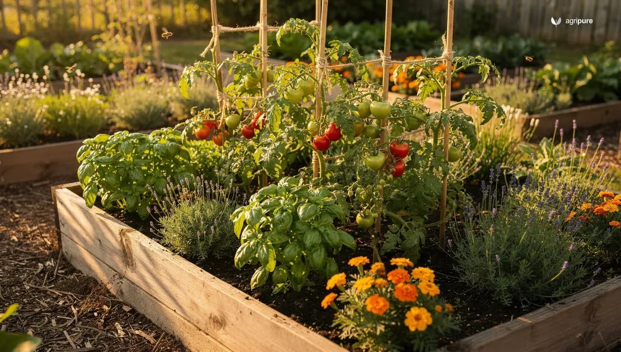 A backyard vegetable garden at golden hour with staked tomato plants flanked by basil, marigolds, and flowering herbs in raised beds.