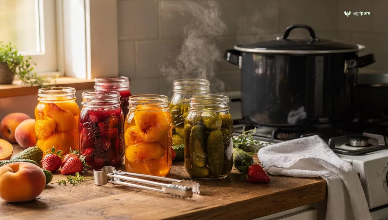A kitchen counter with mason jars of colorful preserved fruits in a water bath canner surrounded by fresh peaches, berries, and canning tools