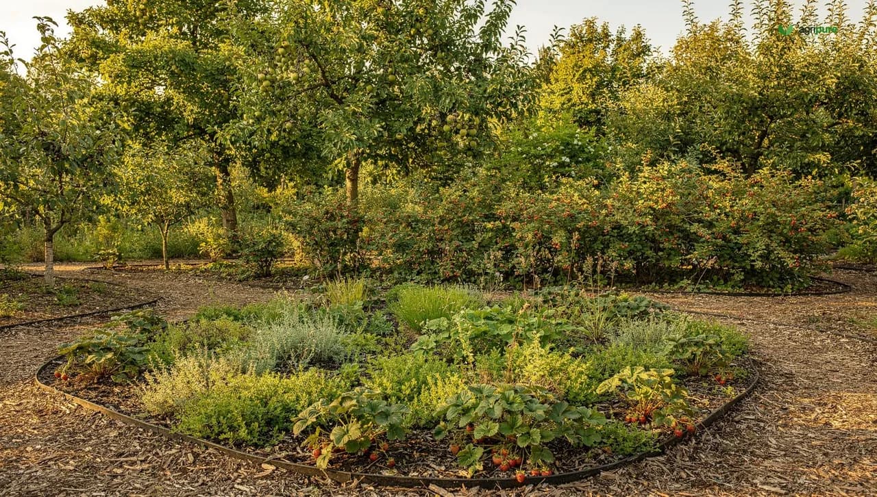 A young, multi-layered food forest in summer with fruit trees, berry shrubs, and herb ground cover under a partly cloudy sky