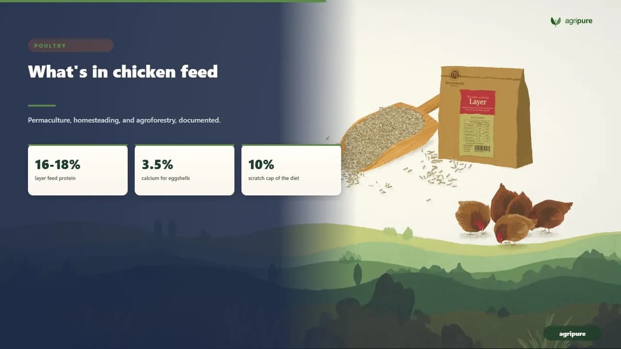 A wooden scoop of whole-grain chicken layer feed beside a paper feed sack with a guaranteed-analysis label, with brown hens pecking scattered grains in warm farm-store light