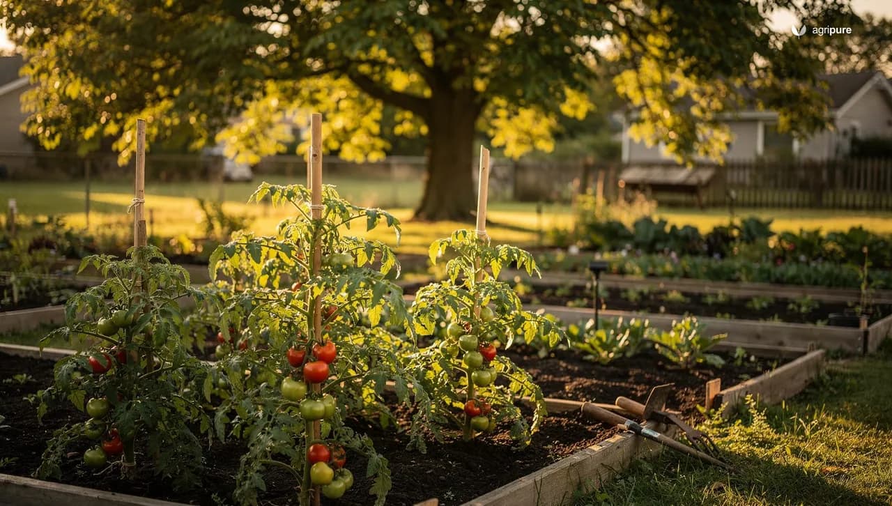 A backyard vegetable garden at golden hour with staked tomato plants in the foreground and a tall black walnut tree casting shade at the edge of the plot.