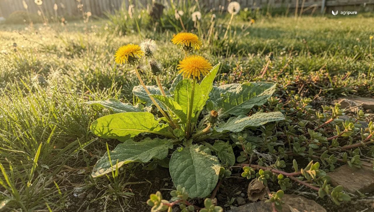 A sunlit backyard meadow edge with dandelions, broad green plantain rosettes, and low purslane mats growing among grass in soft morning light.