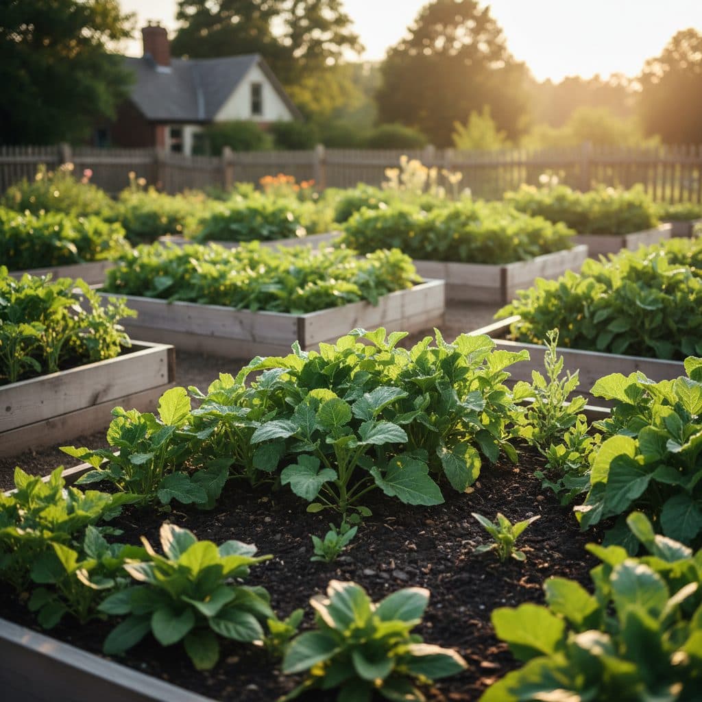 A large berry field covered with fine mesh bird netting, illuminated by the soft light of early morning on a US homestead.