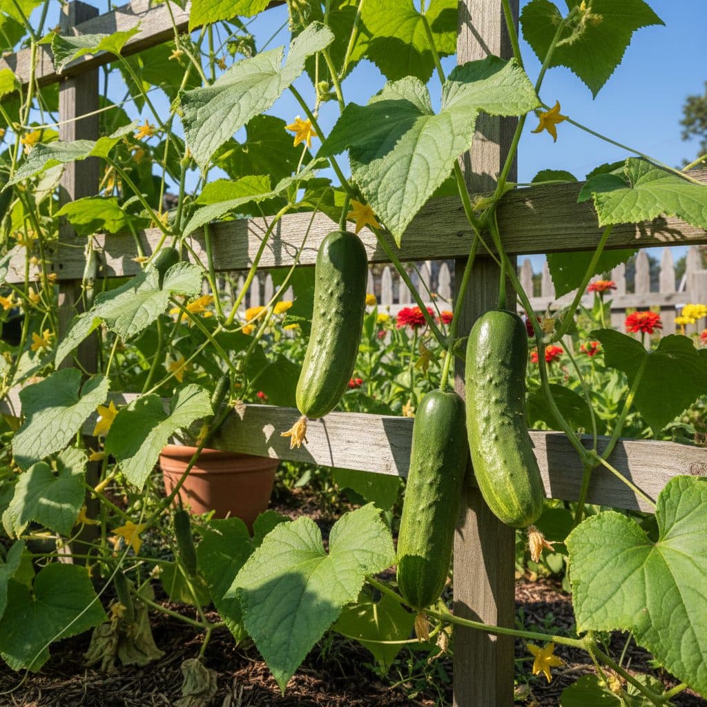 A healthy cucumber plant with multiple green cucumbers growing on a trellis in a sunny garden.