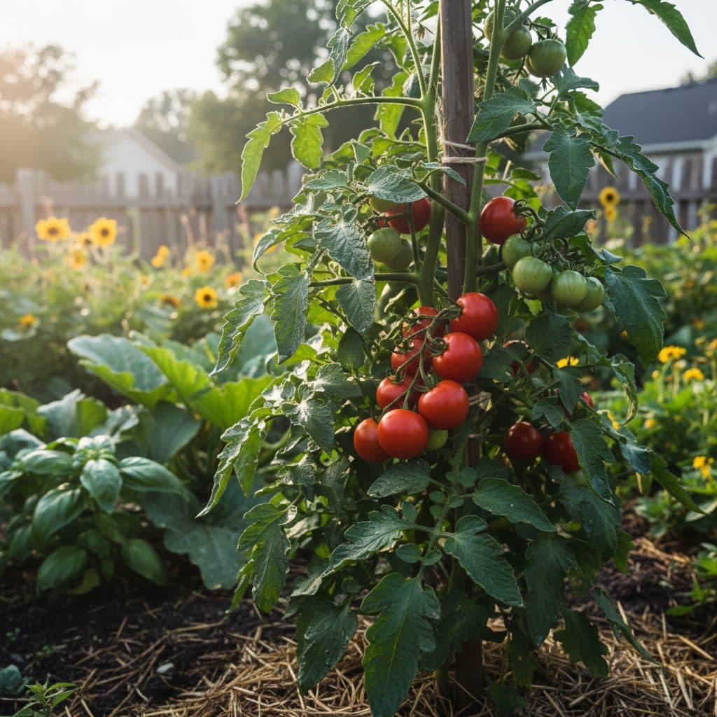 A healthy tomato plant with green leaves and red fruit, showing no signs of disease.