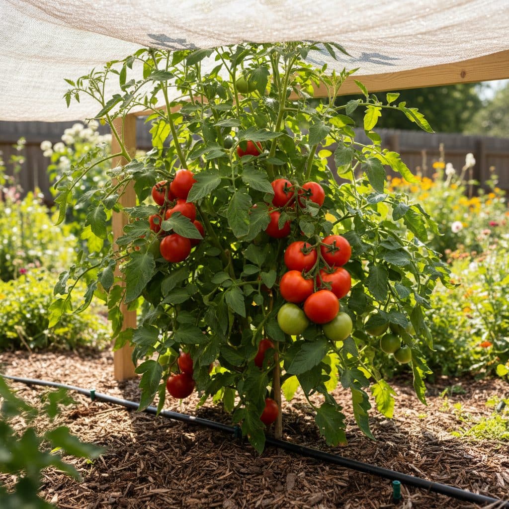 Tomato plant with ripe fruit under shade cloth, showing drip irrigation.