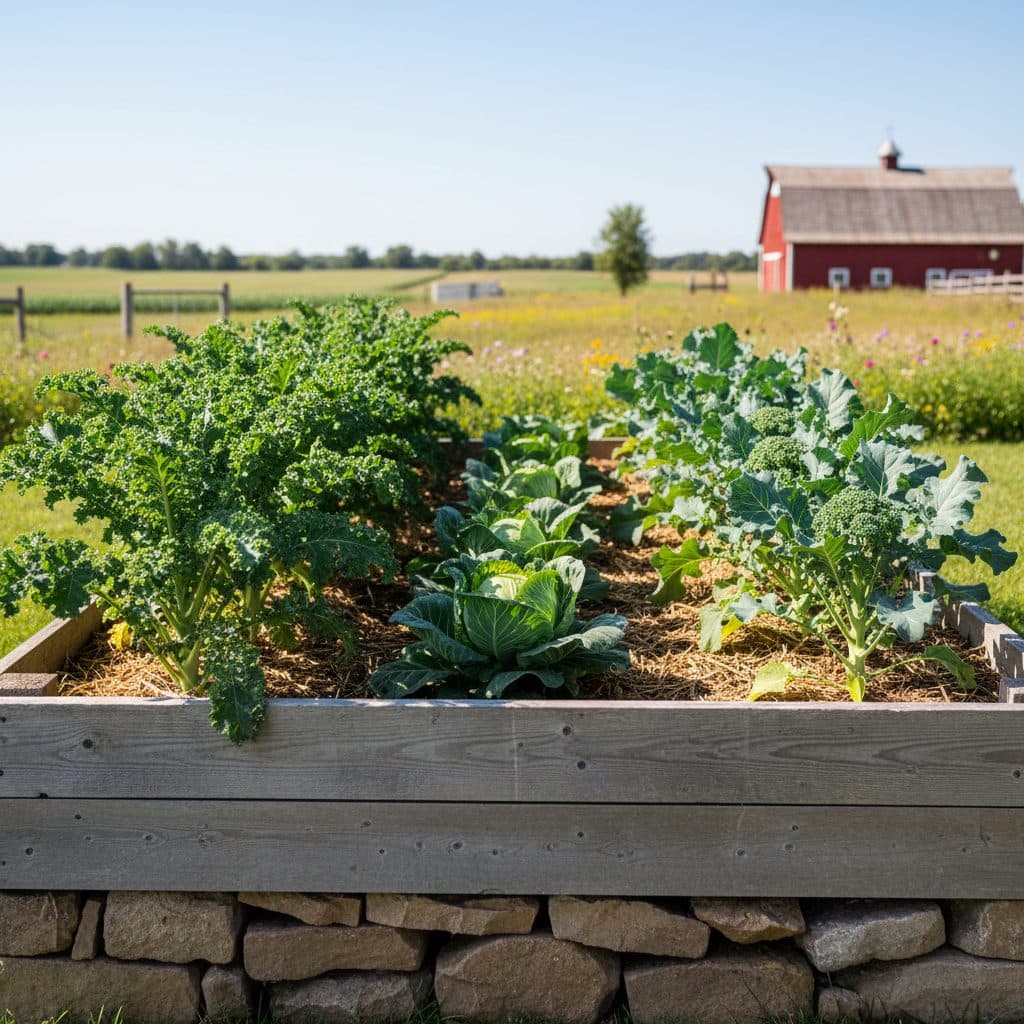 Thriving brassica plants in a raised garden bed, showcasing healthy spring growth.