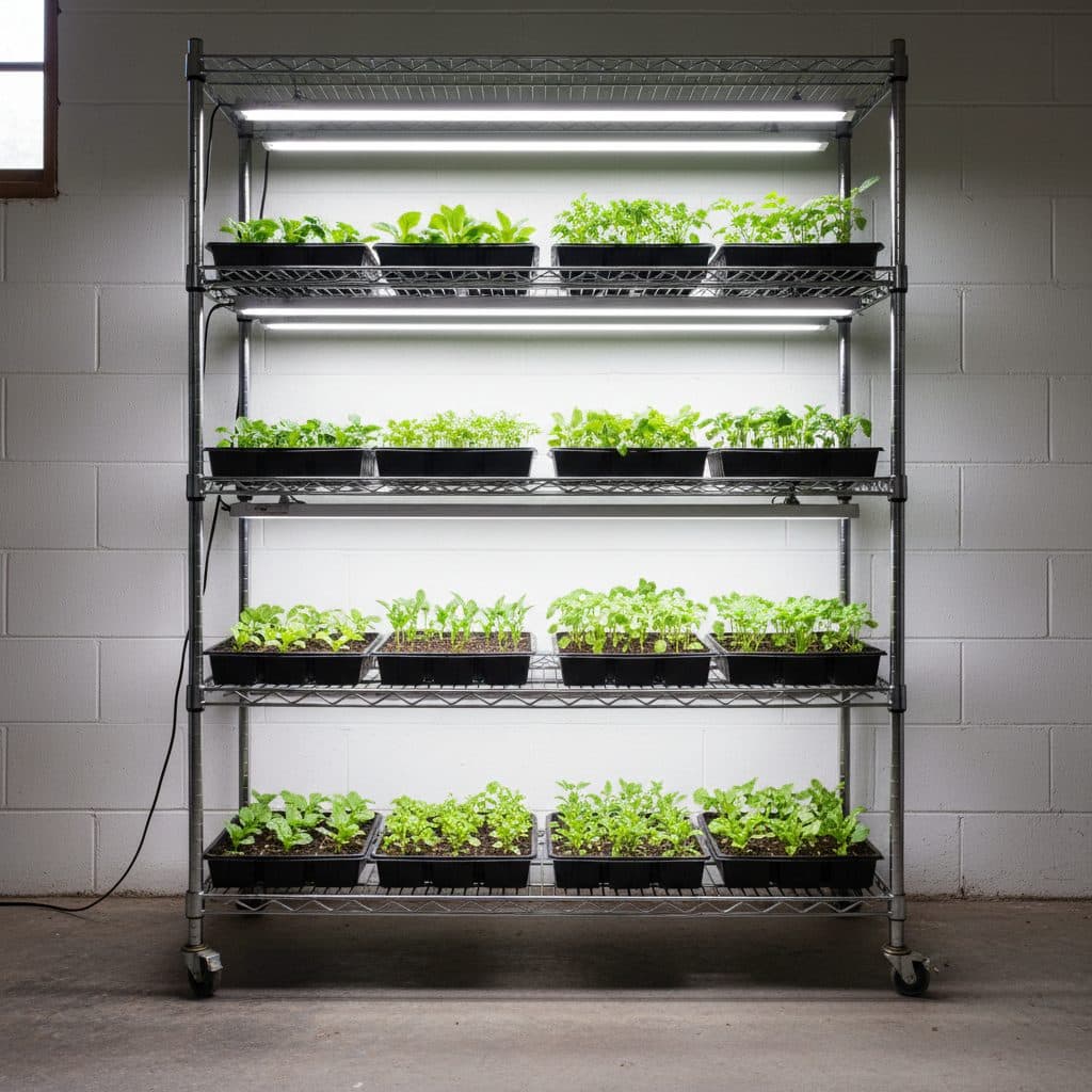 A budget grow-light shelf with healthy, compact vegetable seedlings under LED lights.