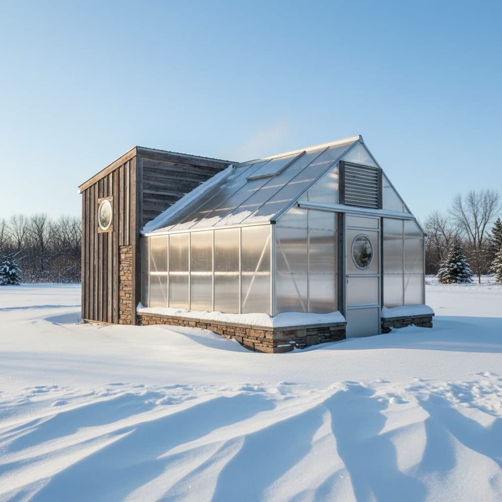 A passive solar greenhouse in winter, with snow on the ground and sun shining on the south-facing panels.