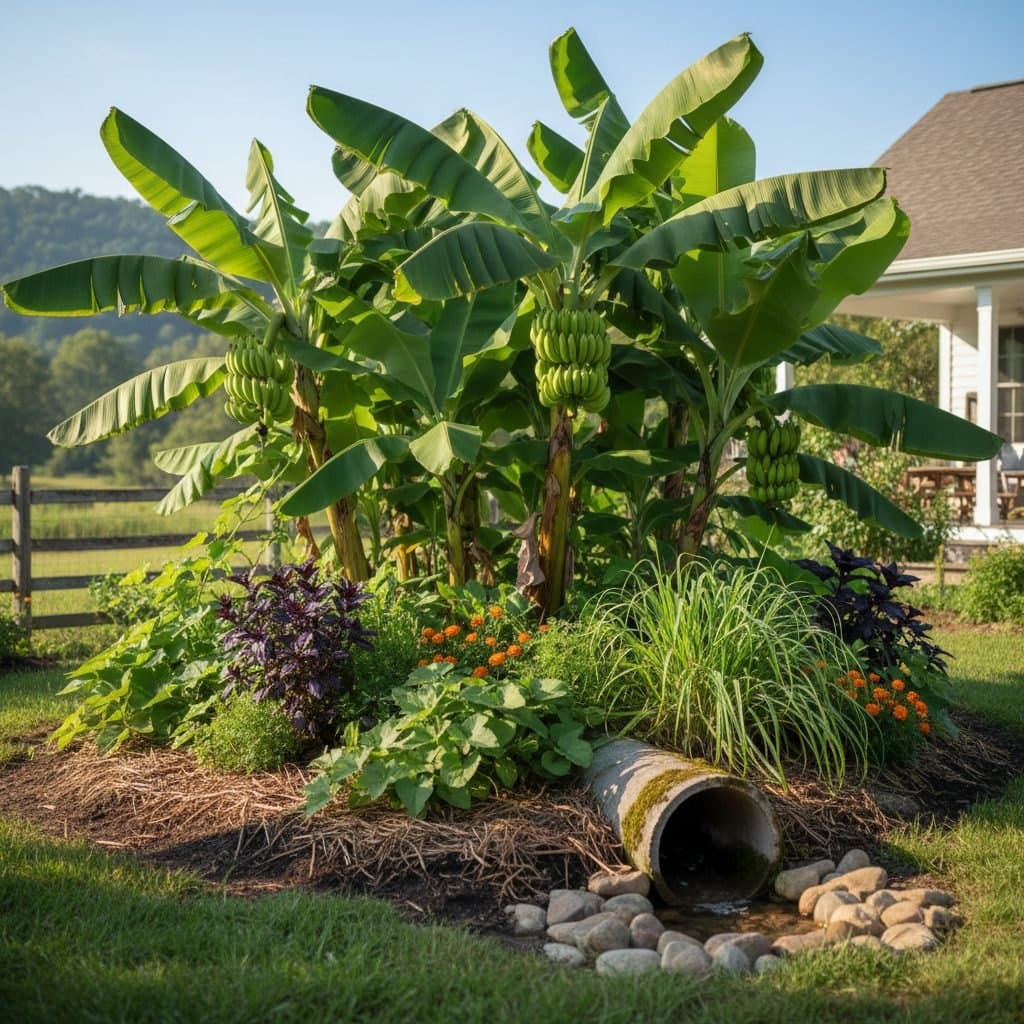 A lush banana circle thriving in a sunny southern US garden, showcasing banana plants, sweet potatoes, and taro around a central greywater pit.