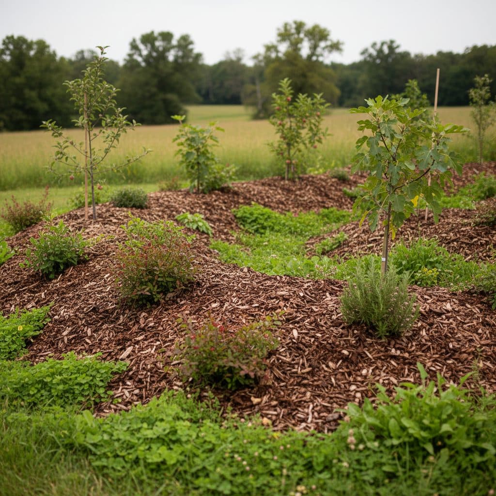 A backyard landscape showing a long swale following the contour of a gentle slope, with water pooling in the trench and a planted berm downslope.