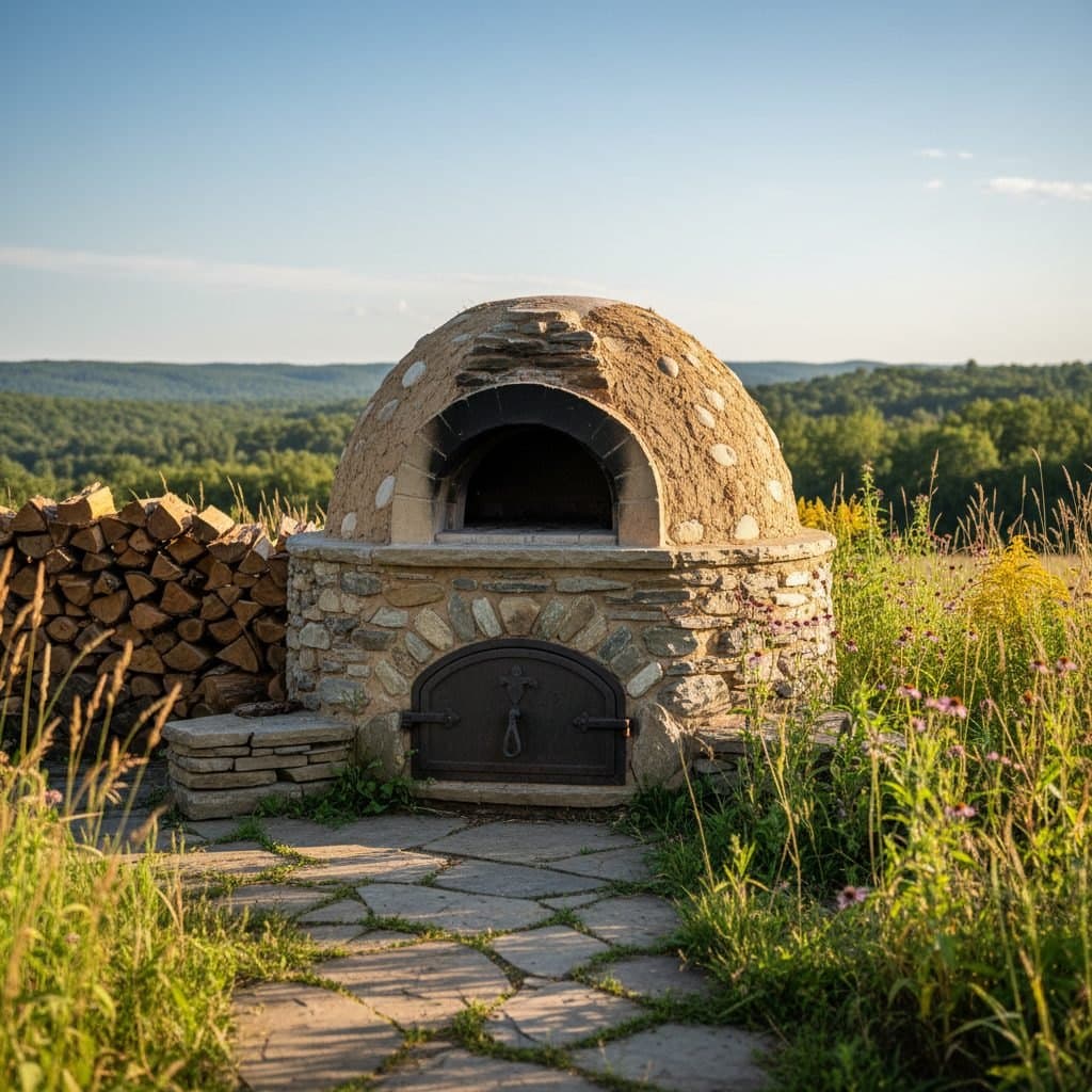 A beautiful, dome-shaped wood-fired earth oven on a homestead, ready for cooking.