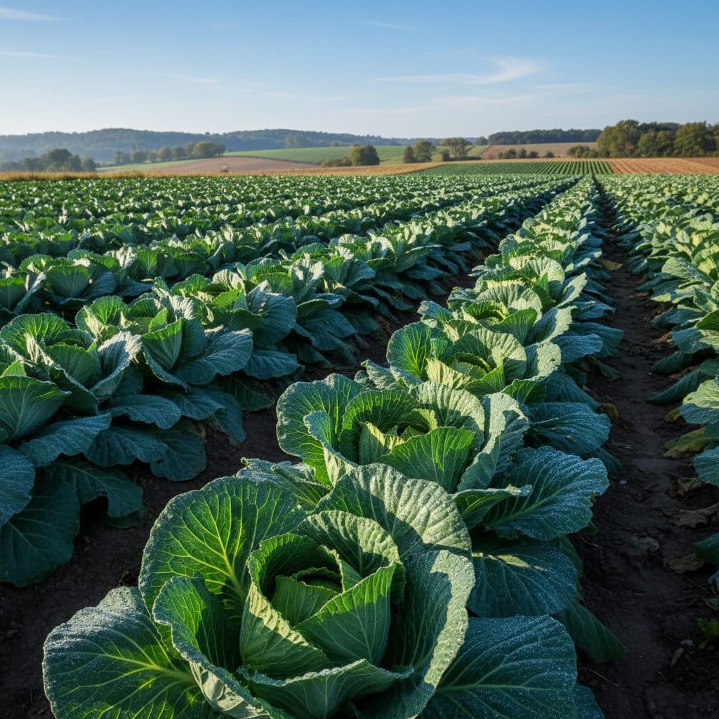 A large field of healthy green cabbage plants covered in morning dew.