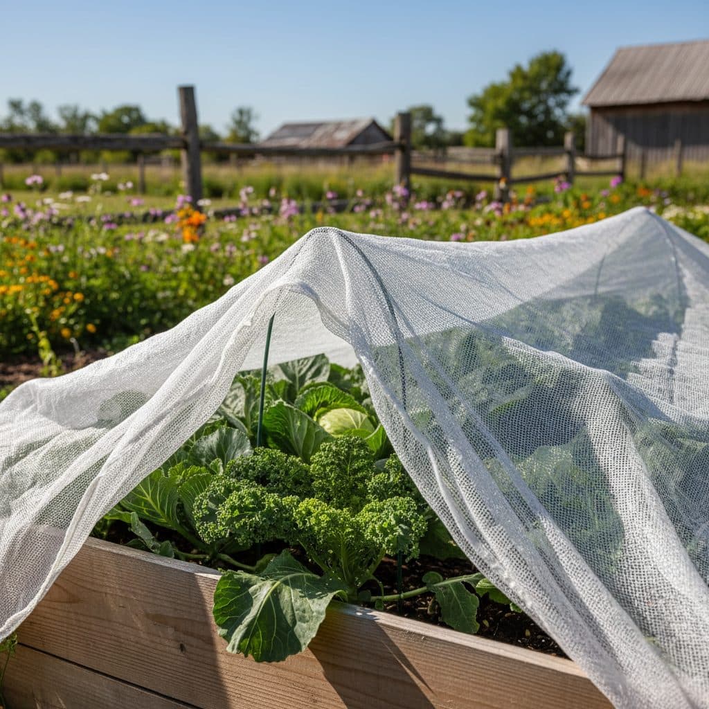 A raised garden bed with vibrant green cabbage and kale plants partially covered by a white floating row cover, under a clear blue sky, in a US homestead setting.