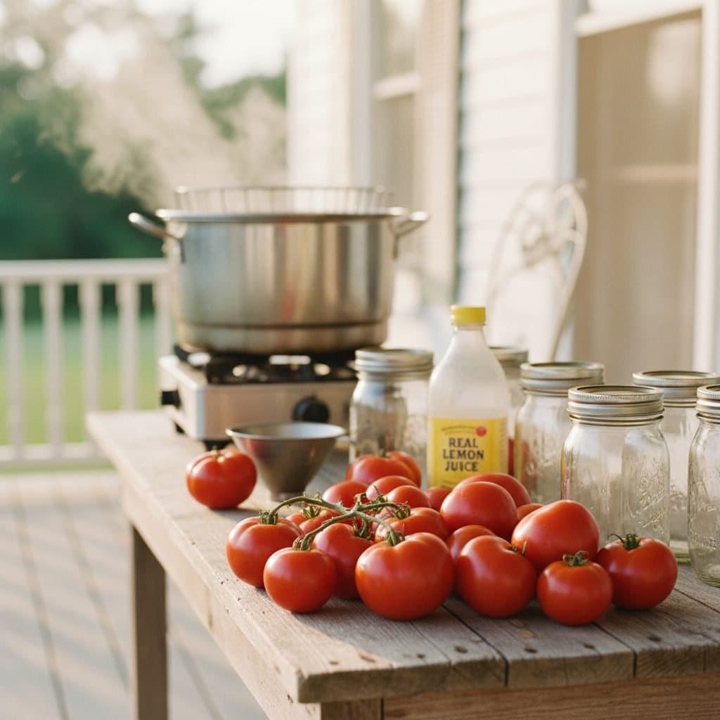 Freshly picked red tomatoes and canning supplies on a rustic porch table.