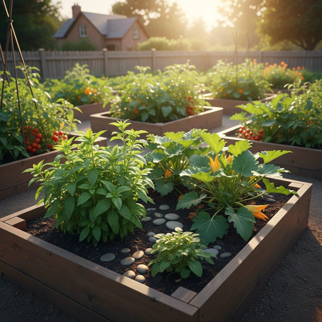 A neat garden bed with green carrot tops visible, a watering can sits on the edge, bathed in soft morning light on a US homestead.