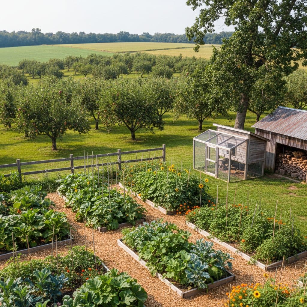 A well-kept homestead with a neat orchard of central-leader trained apple trees in the background, under a clear sky.